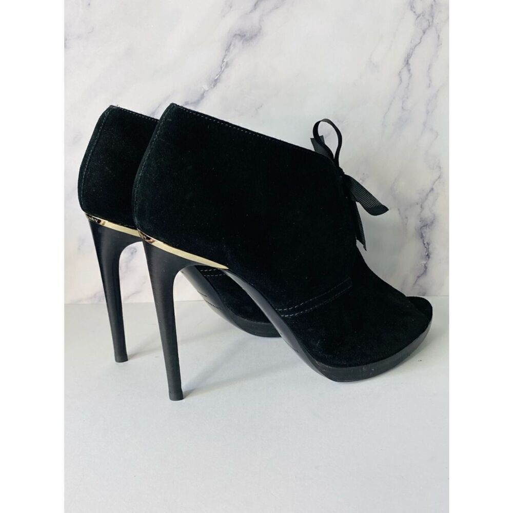🛍️ Burberry Authentic Black Suede Peep-Toe Ankle Booties with Ribbon Tie